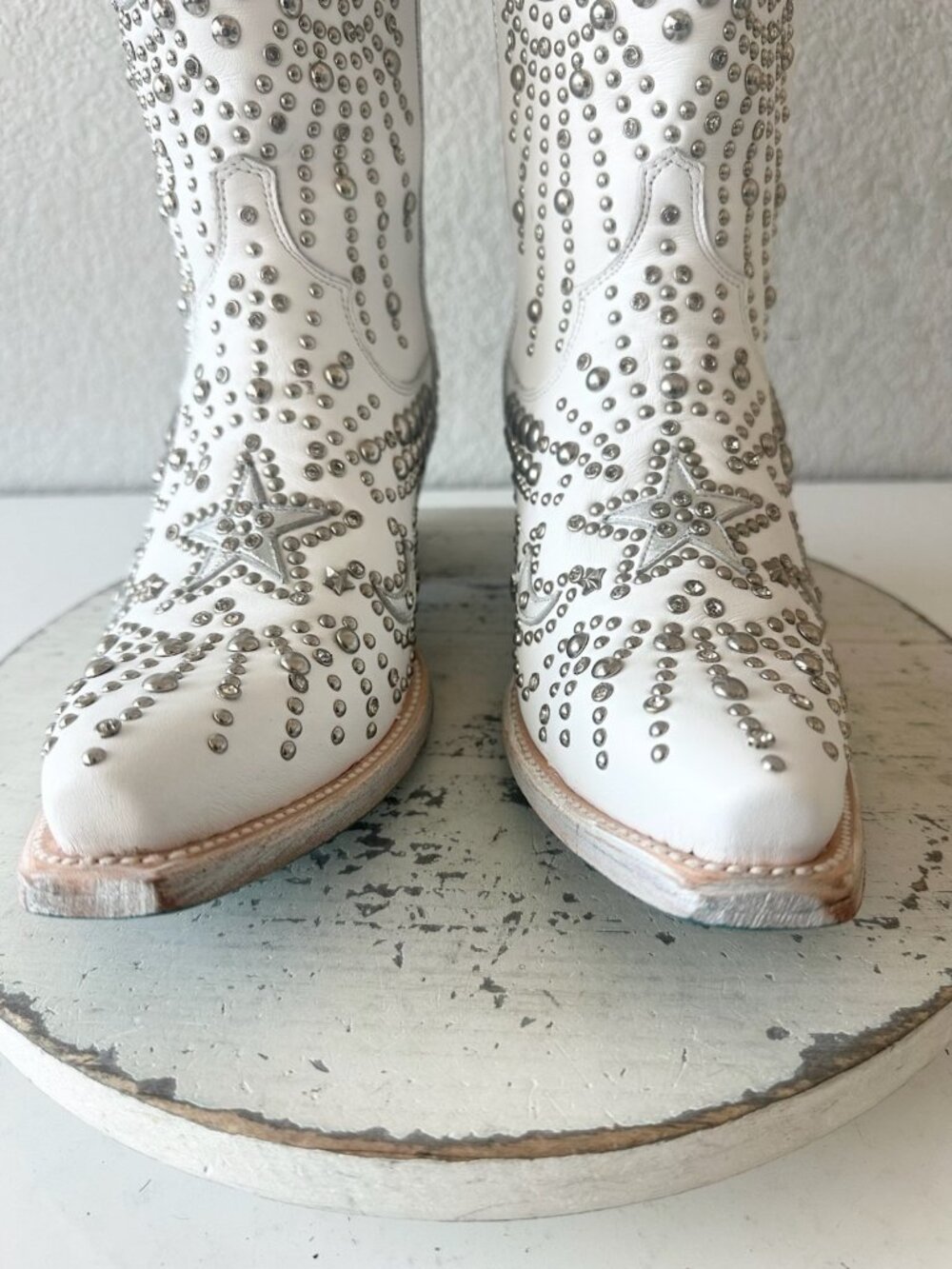 Lane SOLSTICE Womens White Studded Cowboy Boots Tall Snip Toe Leather Size 8 - Picture 10 of 14